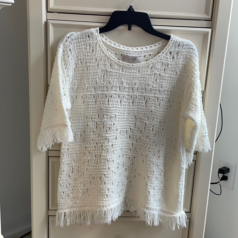 White summer knit 1/2 sleeve sweater, Loft size S